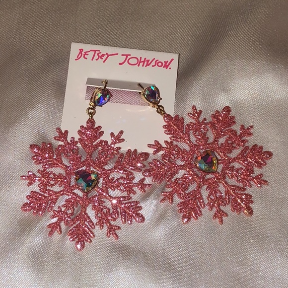 Betsey Johnson Gold Tone & Pink Glitter Snowflake Drop Earrings Crystal Accents - Picture 2 of 12